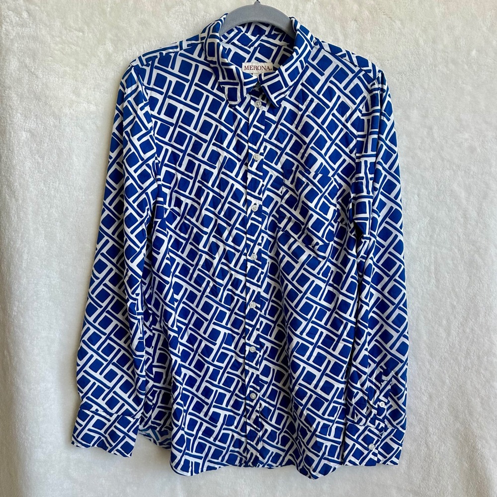 Merona Royal Blue Button Down Shirt Long Sleeve Geometric Print Blouse Medium